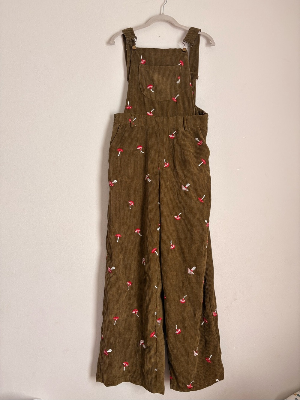 Cider Corduroy Overalls with Red Mushroom Embroidery- size L